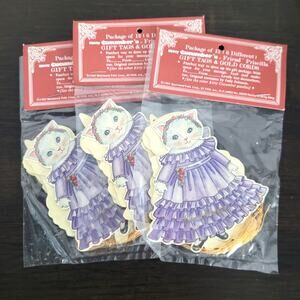 1985 Kitty Cucumber Gift Tags Die Cut Lot of 3 Packs of w/ Gold Cords Vintage